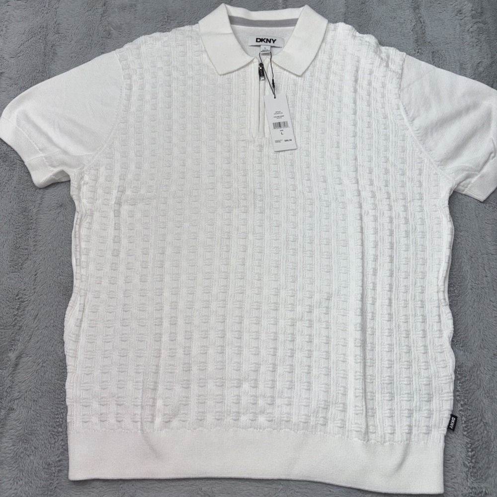 DKNY Men's White Textured Quarter-Zip Polo Shirt jacquard Knit White Lg NWT